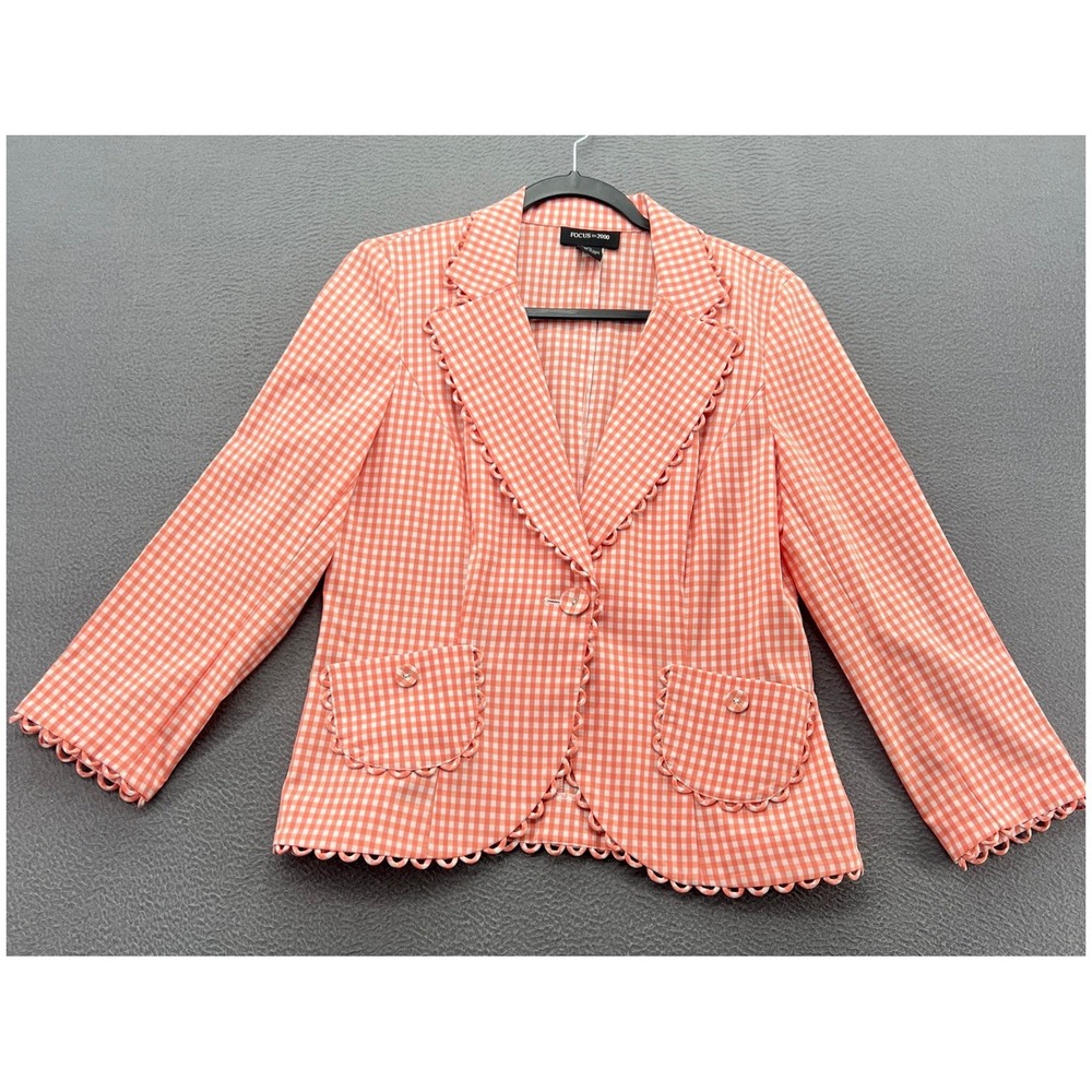 Focus 2000 Womens Top 6 Pants 4 Gingham Pant Suit Orange White Scalloped Trim - Picture 3 of 16